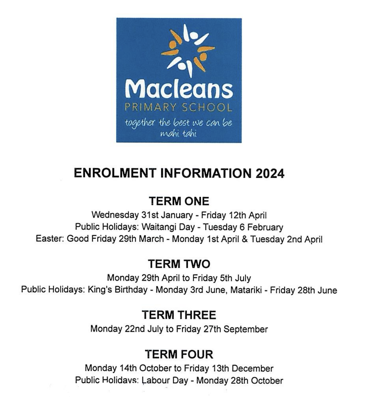 Term Dates Macleans Primary School